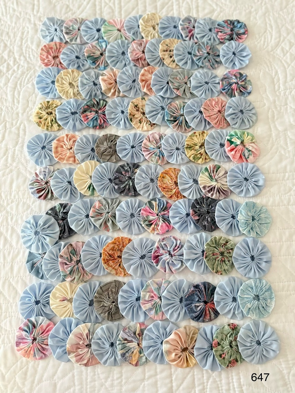 100-2”Handmade Suffolk Puffs YoYos Light Blue & Multicolor Vintage Appliques